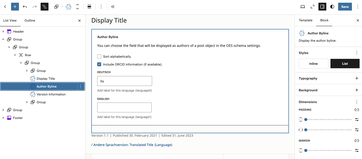 Einsatz des Blocks „Author Byline“ im single template
