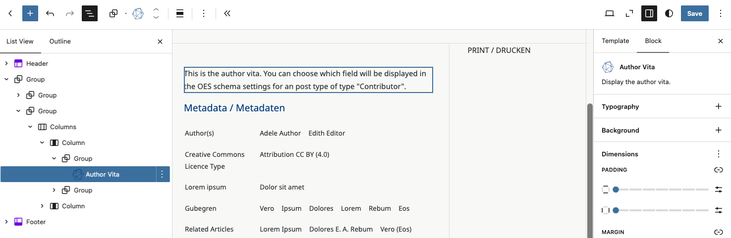 Einsatz des Blocks „Author Vita“ im single template